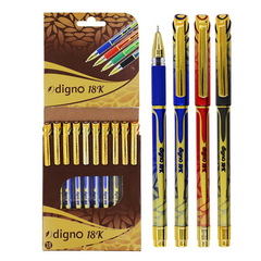 Ручка шариковая, масляная, Digno, 3 цвета чернил, серия "18K", золотистый корпус с синим рисунком, 10 шт