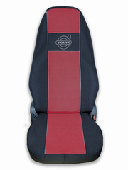 Чехлы VOLVO FH 12 после 2003 года: два высоких сиденья, ремни от стоек кабины (нет выреза под ремень) (полиэфир, черный, красная вставка)