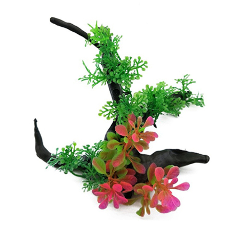 Искусственный декор для аквариума Коряга с растениями, 14х14х10 см