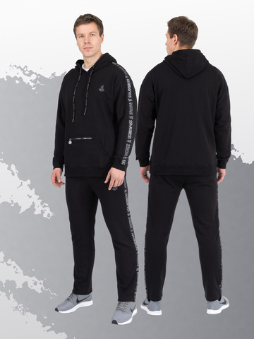 Худи чёрного цвета с лампасами, без логотипа. Плотный футер