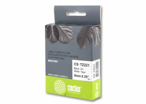 Лента Cactus CS-TZ221 (TZE-221) черный для принтеров Brother P-touch 18R, PT 1005F, PT 1010, PT 1090, PT 1230PC, PT 1260VP, PT 1280, PT 1830VP, PT 2030VP, PT 2420PC, PT 2430PC, PT 2460, PT 2470, PT 2480, PT 2700vp, PT 2730vp, PT 3600 (9 мм x 8 м)