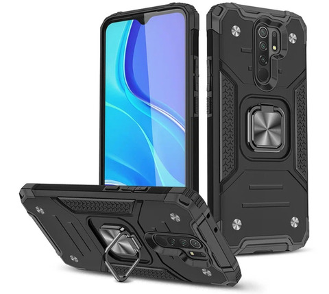 Противоударный чехол для Xiaomi Redmi 9 черный с пластиной для магнитного автодержателя и кольцом подставкой / чехол накладка для телефона Сяоми Редми 9 трансформируется в подставку / чехол с держателем на палец