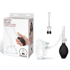 Прозрачная вакуумная помпа Deluxe Pussy Pump с зажимом для клитора - 