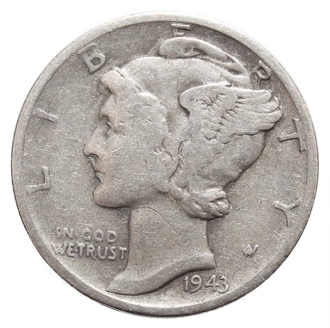 1 дайм (10 центов) 1943. США F-VF (Меркурий) Серебро