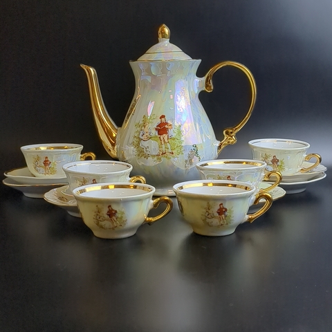 Сервиз кофейный "Мадонна" на 6 персон из 13 предметов, позолота, перламутр, винтаж Югославия , времен СССР 1970-1980 гг