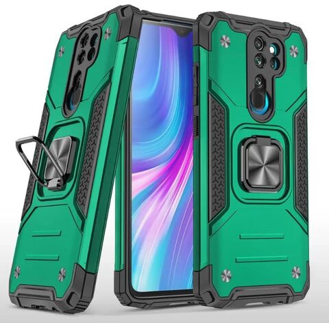 Противоударный чехол для Xiaomi Redmi Note 8 Pro зеленый с пластиной для магнитного автодержателя и кольцом подставкой / чехол с держателем на палец для Сяоми Редми Ноут 8 Про