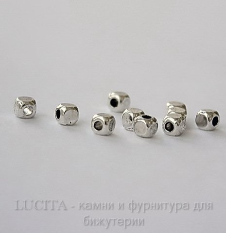 Бусина металлическая кубическая (цвет - античное серебро) 4х4 мм, 10 штук ()
