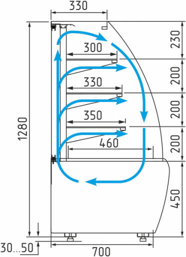 Витрина кондитерская POLUS K70 VM 0,6-2 STANDARD 9006-9005 (открытая)