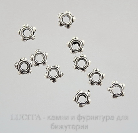 Бусина металлическая (цвет - античное серебро) 4х4 мм, 10 штук ()