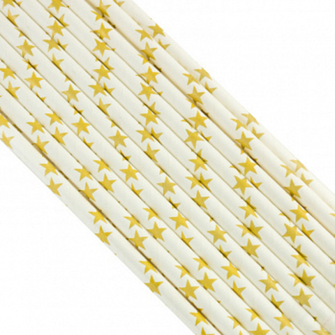 Трубочки бумажные Белые с золотыми звездами, 200*6мм, 20шт