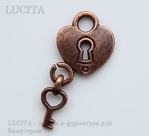 Подвеска  "Сердце с ключиком" (цвет - античная медь) 26х13 мм