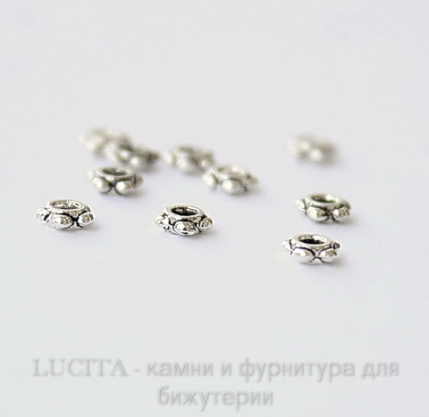 Бусина металлическая (цвет - античное серебро) 4х4 мм, 10 штук ()