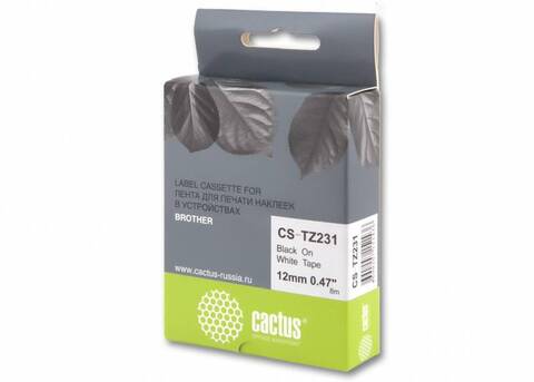 Лента Cactus CS-TZ231 (TZE-231) черный для принтеров Brother P-touch 18R, PT 1005F, PT 1005FB, PT 1010, PT 1090, PT 1230PC, PT 1260VP, PT 1280, PT 1280DT, PT 1830VP, PT 2030VP, PT 2420PC, PT 2430PC, PT 2460, PT 2470, PT 2480, PT 2700vp (12 мм x 8 м)