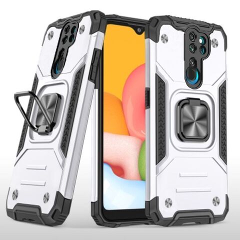 Противоударный чехол для Xiaomi Redmi Note 8 Pro серебро с пластиной для магнитного автодержателя и кольцом подставкой