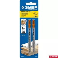 ЗУБР T111C, T-хвост., У8А сталь, по дереву и пластику, шаг зуба 3 мм (8TPI), раб. длина 75 мм, 2 шт, полотна для лобзика,Профессионал(15587-3)