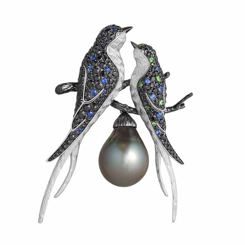 Брошь Ласточки с морским жемчугом, сапфирами и цаворитами, Brs0228-0/17