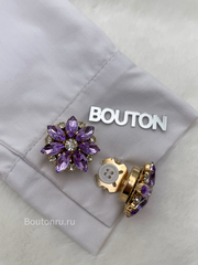 Накладка на пуговицу в форме цветка золотистые с темно-фиолетовыми стразами (клипсы)