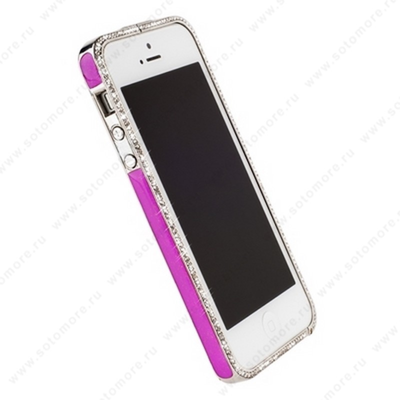 Бампер Newsh металлический для iPhone SE/ 5s/ 5C/ 5 со стразами темно-розовый