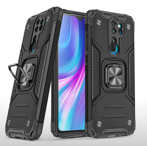 Противоударный чехол для Xiaomi Redmi Note 8 Pro черный с пластиной для магнитного автодержателя и кольцом подставкой
