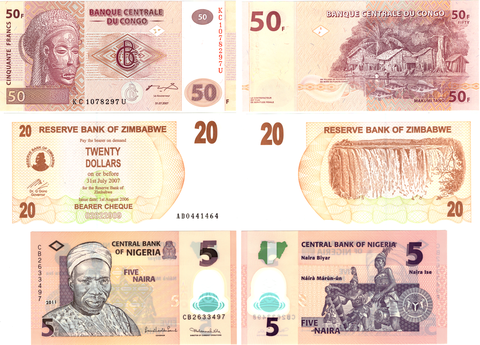 Нигерия 5 найра 2011 г. Конго 50 франков 2007 г. Зимбабве 20 долларов 2007 г. 3 шт.  Пресс UNC