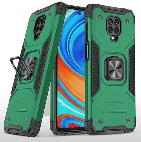 Противоударный чехол для Xiaomi Redmi Note 9 Pro / 9S / 9 Pro Max зеленый с пластиной для магнитного автодержателя и кольцом подставкой