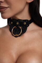 Черный фигурный кожаный ошейник с золотистой фурнитурой - 