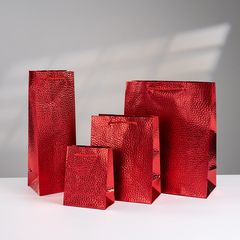Пакет подарочный под бутылку, Фактура кожи, Красный, Металлик, 12*35*10 см (Д*В*Ш)