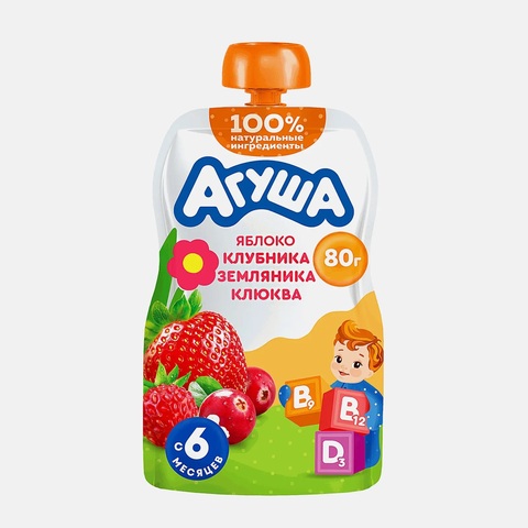 Агуша пюре яблоко, клубника, земляника, клюква 80гр с 6мес.