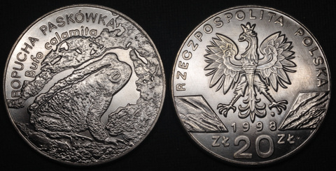 Жетон 20 злотых 1998 года Польша Всемирная природа - Жаба копия монеты посеребрение Копия