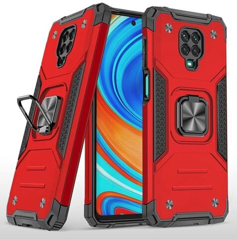 Противоударный чехол для Xiaomi Redmi Note 9 Pro / 9S / 9 Pro Max красный с пластиной для магнитного автодержателя и кольцом подставкой