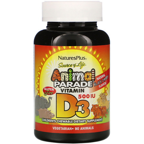Nature's Plus, Source of Life, Animal Parade, витамин D3, вкус натуральной черемухи, 500 МЕ, 90 животных