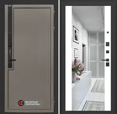 Входная дверь в квартиру Лабиринт Лаб про 1 Велютто кофе с зеркальной вставкой Максимум Белый софт (без текстуры)