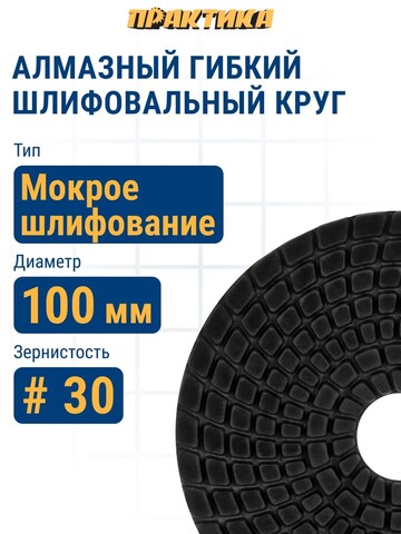 Круг алмазный гибкий шлифовальный ПРАКТИКА 100 мм для мокрого шлифования, P 30 (925-419)