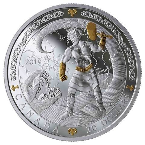 Канада 2019, 20 долларов, 1 унция, серебро, позолота. Скандинавские боги. Тор