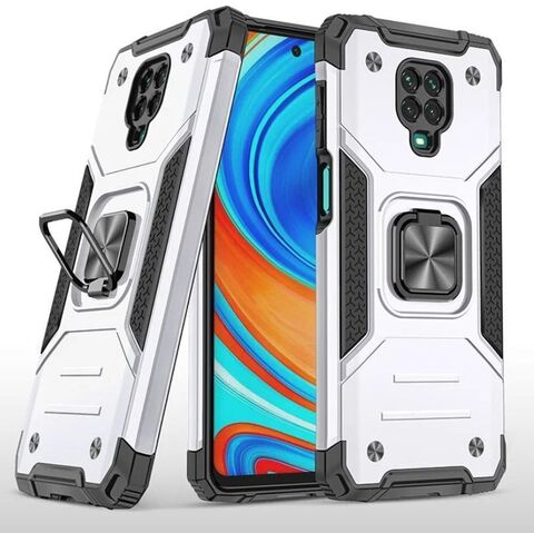 Противоударный чехол для Xiaomi Redmi Note 9 Pro / 9S / 9 Pro Max серебро с пластиной для магнитного автодержателя и кольцом подставкой