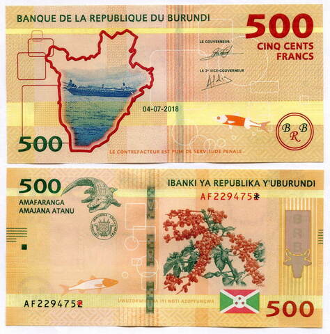 Банкнота Бурунди 500 франков 2018 год AF2294751. UNC