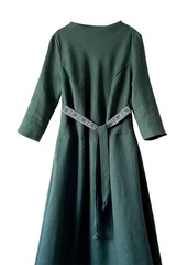 Олана. Платье тёмно-зелёное льняное с поясом PL-421145