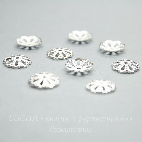 Шапочка для бусины филигранная 9х2 мм (цвет - серебро), 10 штук