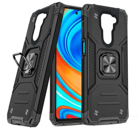 Противоударный чехол для Xiaomi Redmi Note 9 черный с пластиной для магнитного автодержателя и кольцом подставкой / чехол накладка для телефона Сяоми Редми Ноут 9 трансформируется в подставку / чехол с держателем на палец