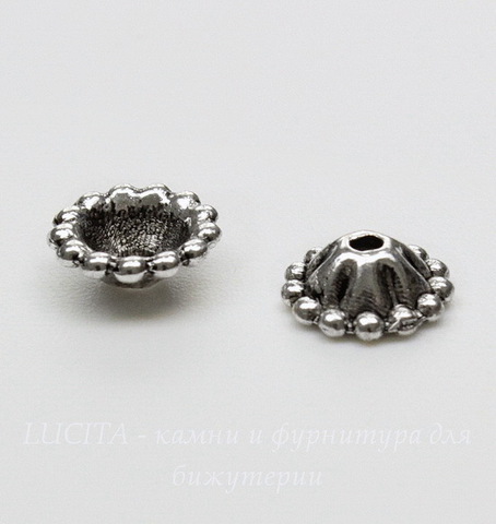 Шапочка для бусины 8х3 мм (цвет - античное серебро), 10 штук