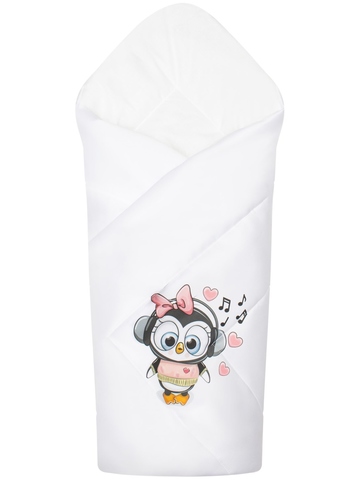 Зимний конверт-одеяло на выписку "Пингвиночка" (белое, принт без кружева) без пледа