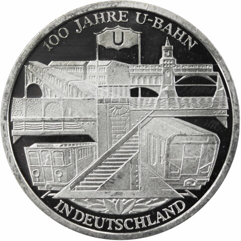 10 евро. 100 лет Берлинскому метро. Германия. Серебро. 2002 год. PROOF
