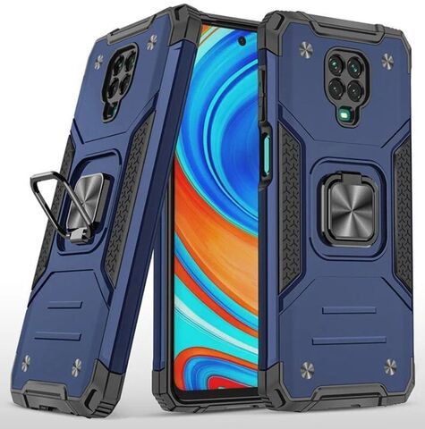 Противоударный чехол для Xiaomi Redmi Note 9 Pro / 9S / 9 Pro Max синий с пластиной для магнитного автодержателя и кольцом подставкой