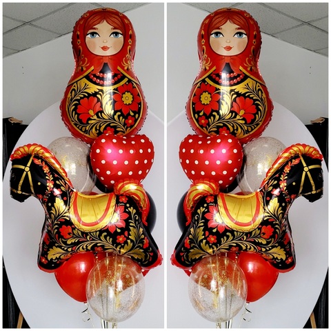 Фонтан из шаров в народной тематике с матрешкой и лошадкой - свистулькой