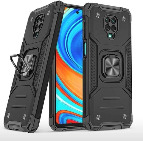Противоударный чехол для Xiaomi Redmi Note 9 Pro / 9S / 9 Pro Max черный с пластиной для магнитного автодержателя и кольцом подставкой
