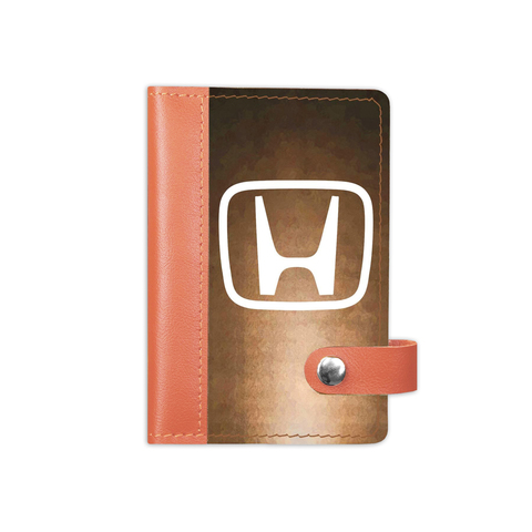 Обложка на автодокументы на кнопке комбинированная белая вставка "Логотип Хонда", рыжая