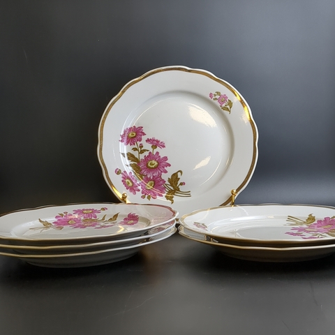 Тарелки под горячее блюдо набор из 6 штук, D- 24 см, Дулево ФЗ, цветы, золочение, винтаж времен СССР 1968-1991 гг