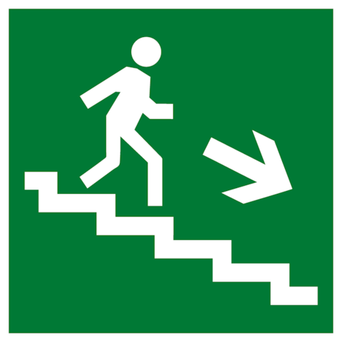 Эвакуационный знак Е13 - Направление к эвакуационному выходу по лестнице вниз направо