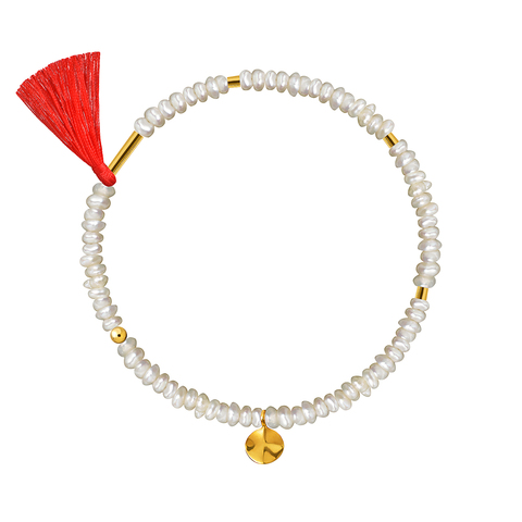 браслет из неровного белого жемчуга с красной кистью