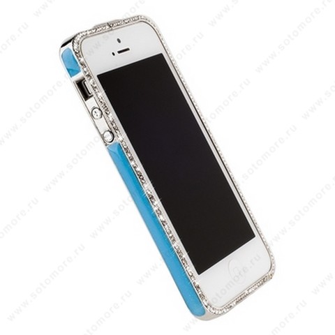 Бампер Newsh металлический для iPhone SE/ 5s/ 5C/ 5 со стразами голубой